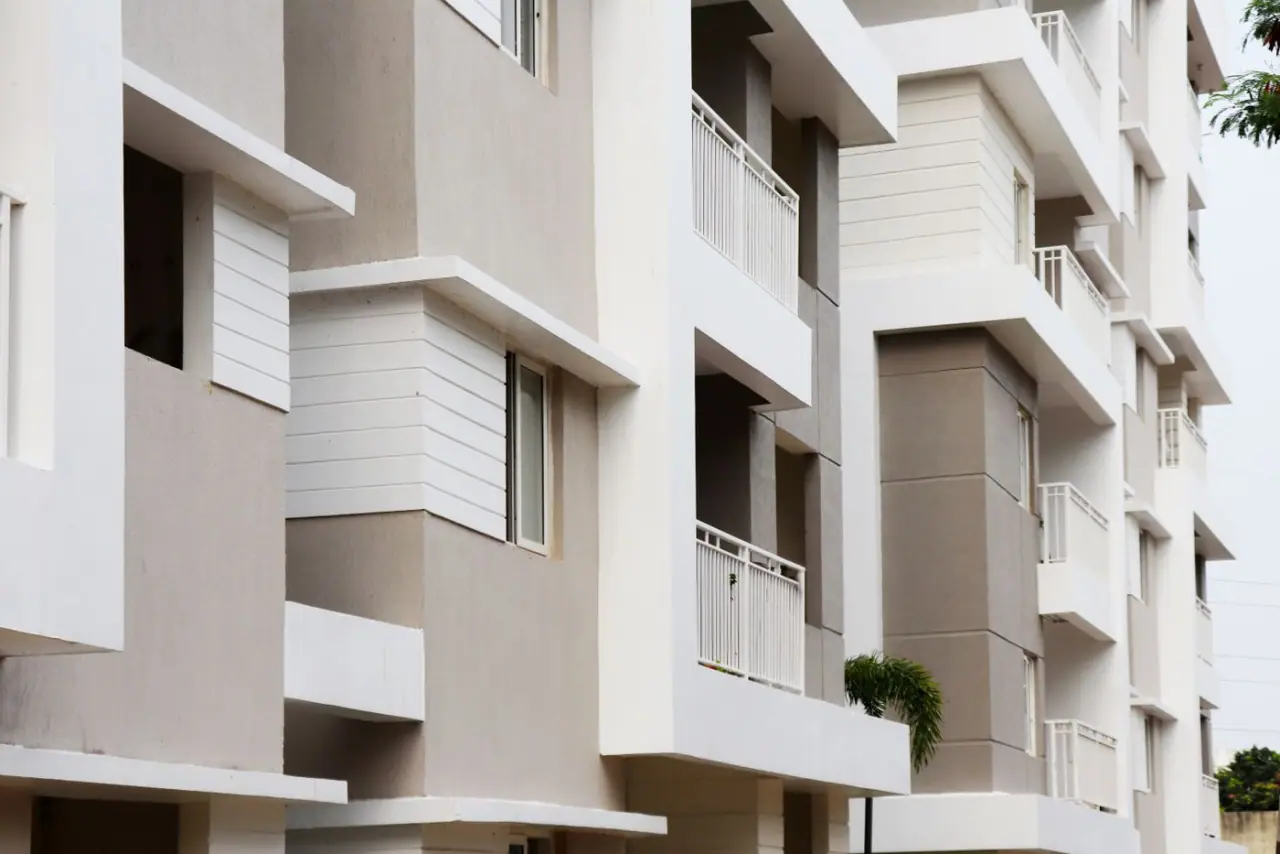 The facade of a modern apartment block in Hyderabad