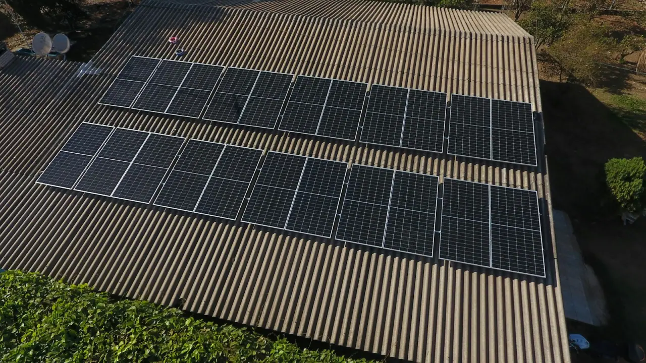 Panels laid in two blocks across a corrugated roof, seen from above